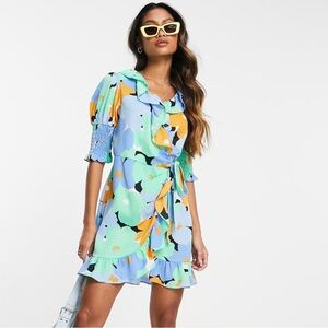 Topshop large blue floral wrap mini dress.